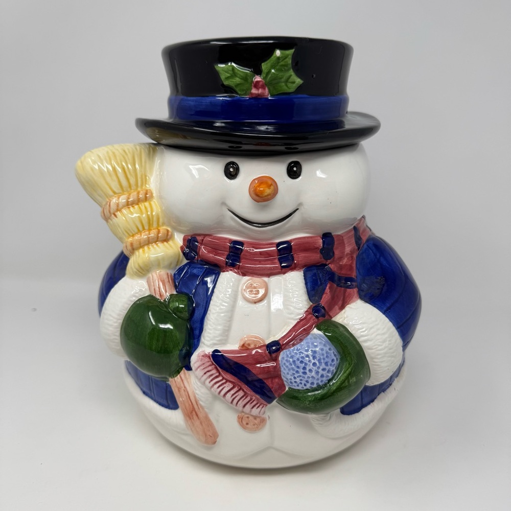 Vintage Ceramic Christmas Snowman with Top Hat and Broom Cookie Jar